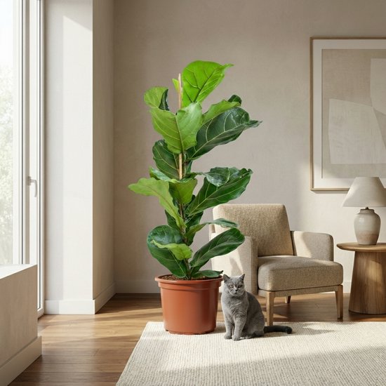 Grote vioolbladplant (Ficus Lyrata) met grote, glanzende groene bladeren in een bruine pot, naast een stoel en een grijze kat.