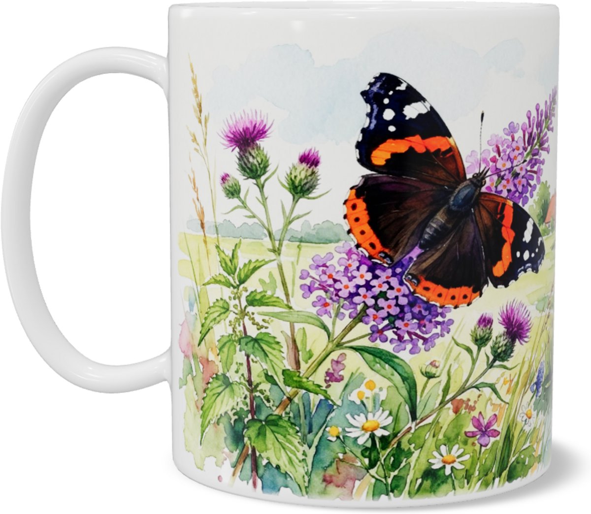 Atalanta Vlinder "Aquarel Series" Mok - Sfeervolle Natuur Koffiemok met Hollands Polderlandschap & Molen - Unieke Theebeker voor Thuis & op het Kantoor - Cadeau voor haar: Vrouw, Vriendin of Collega