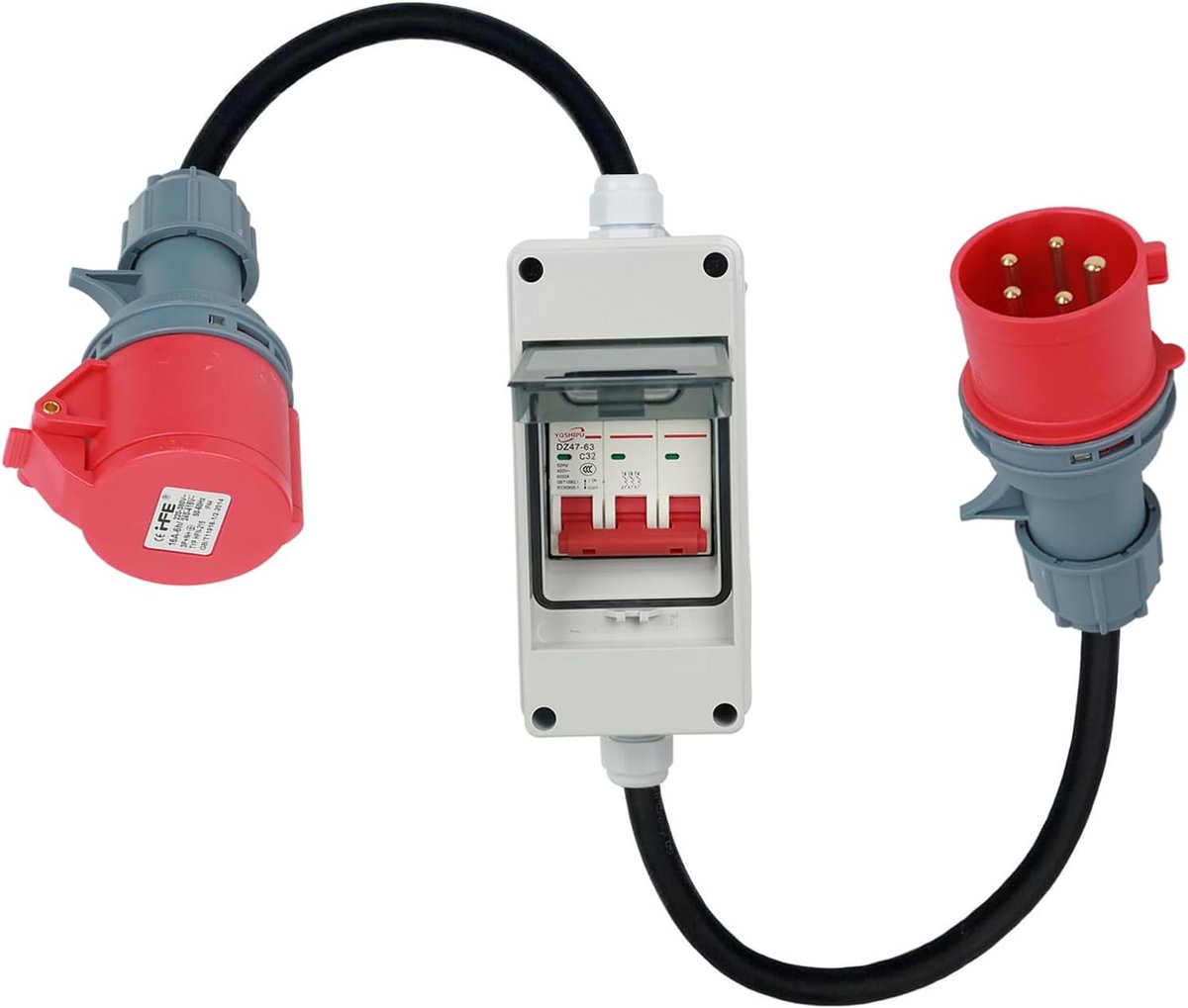 CEE-adapter 63A 400V naar 32A 400V met stroomonderbreker en IP44 bescherming