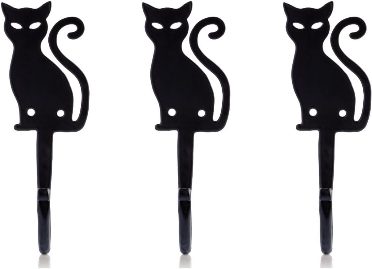 Smeedijzeren wandhaak set van 3 - zwart - decoratief dierenontwerp - kat