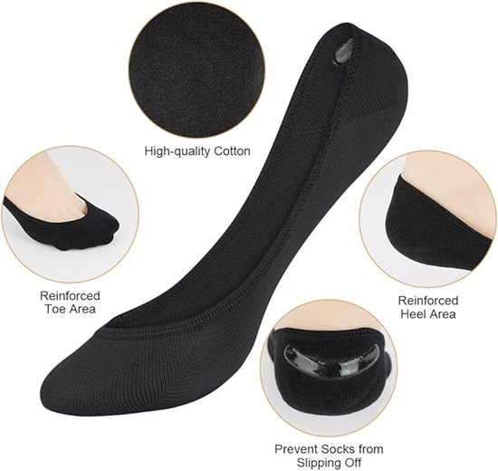 Zwarte onzichtbare sok met versterkte teen en hiel, anti-slip siliconen pad en hoogwaardig katoen.