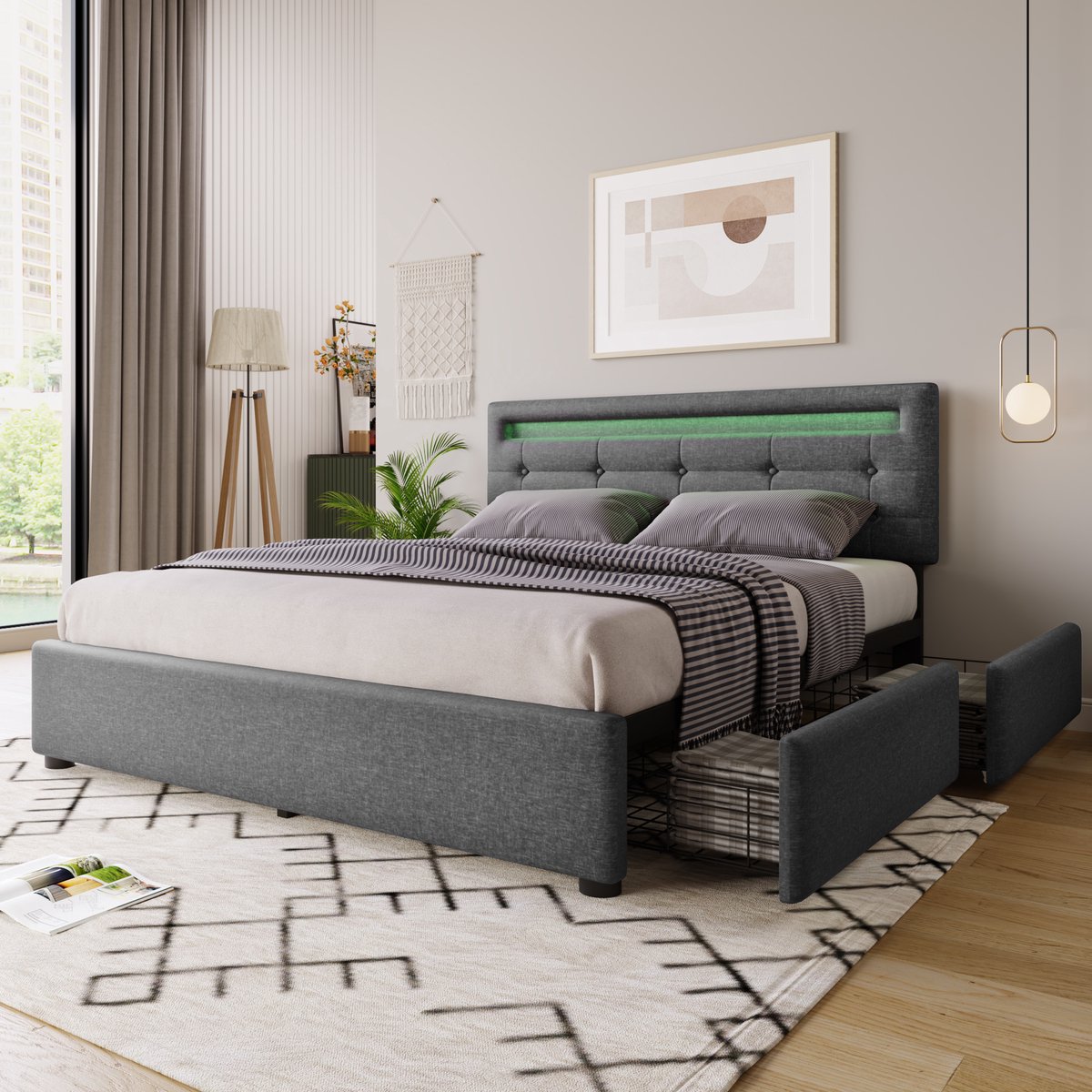 Wishdor Bed 140x200 cm – LED & Verstelbaar Hoofdbord – 4 Opberglades – Linnen Grijs – 272 kg