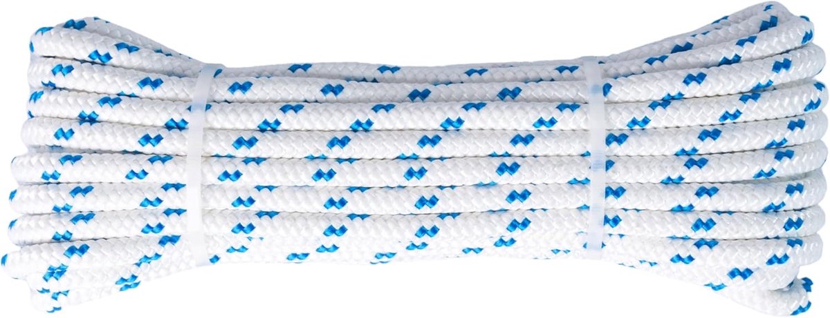 Gevlochten Touw Wit met Lichtblauwe Strepen 6mm x 20m - Stevig & Duurzaam