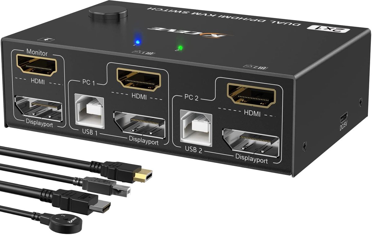 KVM switch voor 2 PC's en 2 monitoren, 4K@60Hz, HDMI en DisplayPort, 4 USB 2.0-poorten, bedrade afstandsbediening, compatibel met Windows, Linux en Mac