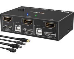 KVM switch voor 2 PC’s en 2 monitoren, 4K@60Hz, HDMI en DisplayPort, 4 USB 2.0-poorten, bedrade afstandsbediening, compatibel met Windows, Linux en Mac