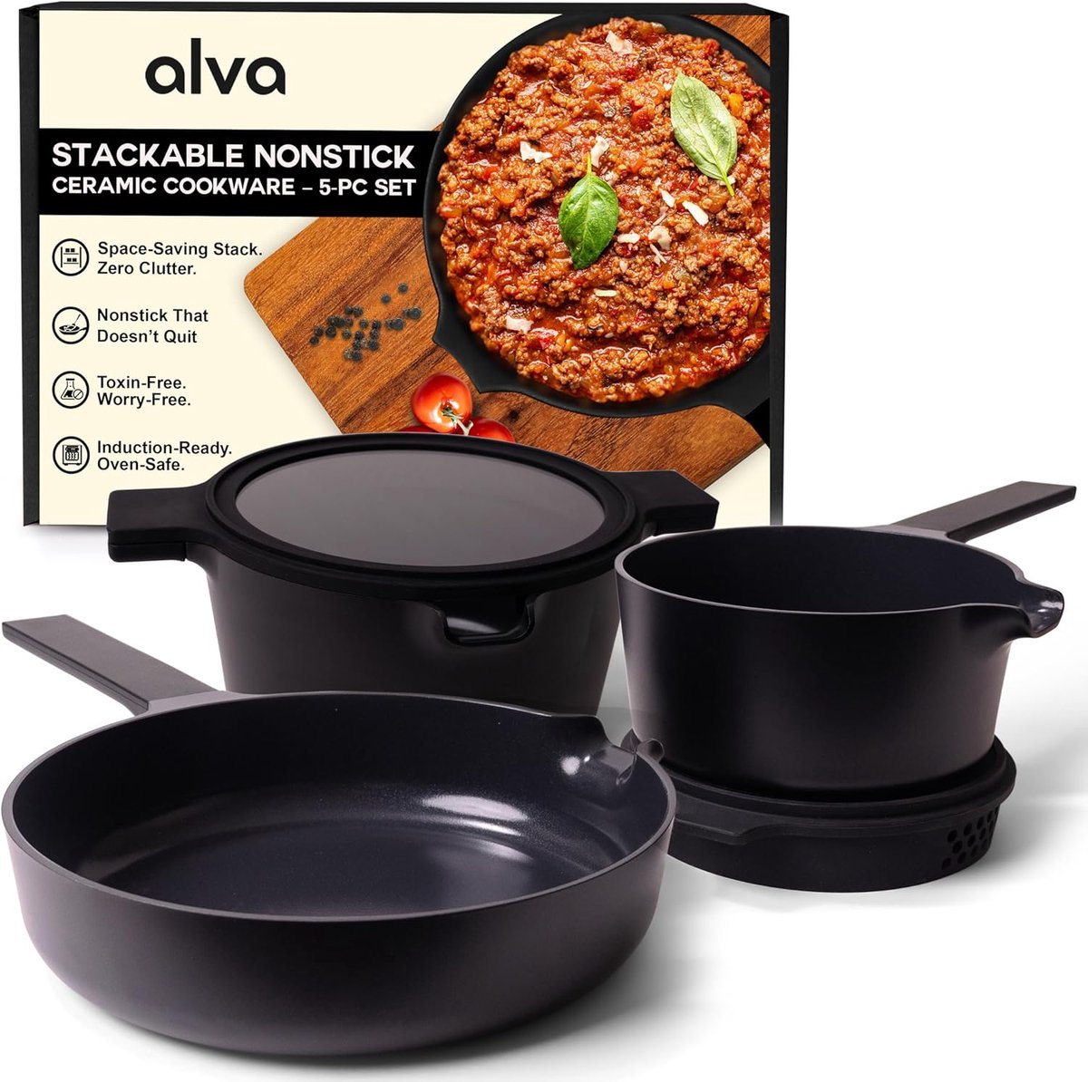 5-in-1 zwarte keramische anti-aanbak kookpan - gerecycled aluminium, PFAS/PFOA/PTFE vrij, geschikt voor alle kookplaten incl. inductie, ovenveilig