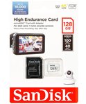 SanDisk High Endurance 128GB microSDXC kaart met adapter, voor dashcams en beveiligingscamera's.