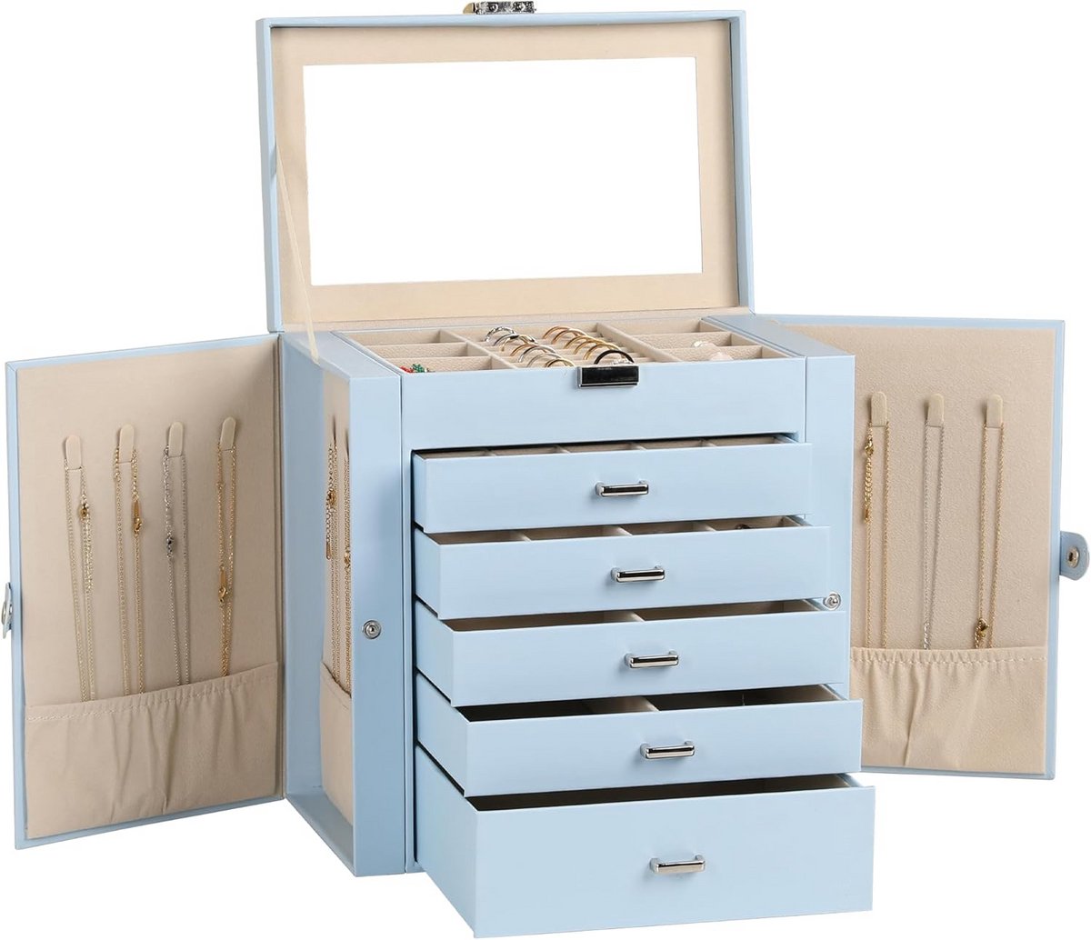 Grote sieradenkistje met 6 niveaus, kunstleren opbergdoos met slot en spiegel, multifunctionele accessoirehouder met 5 laden voor halskettingen en armbanden