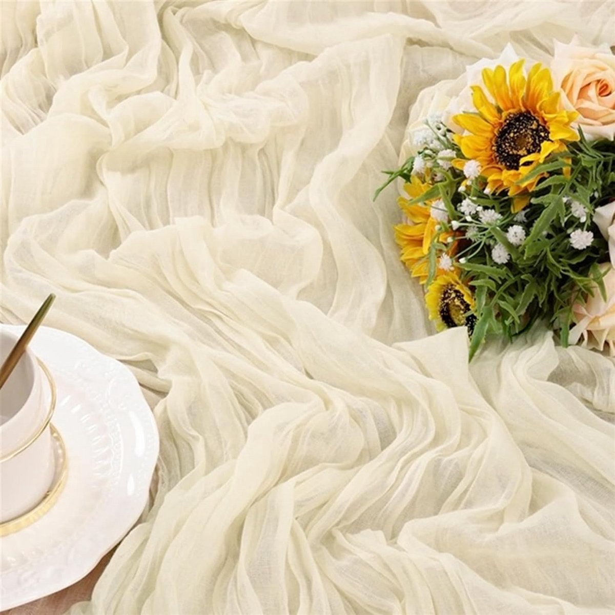 Beige Tafelloper 90 x 300 cm - 2 Stuks, Rustiek Gaas voor Bruiloft en Feest