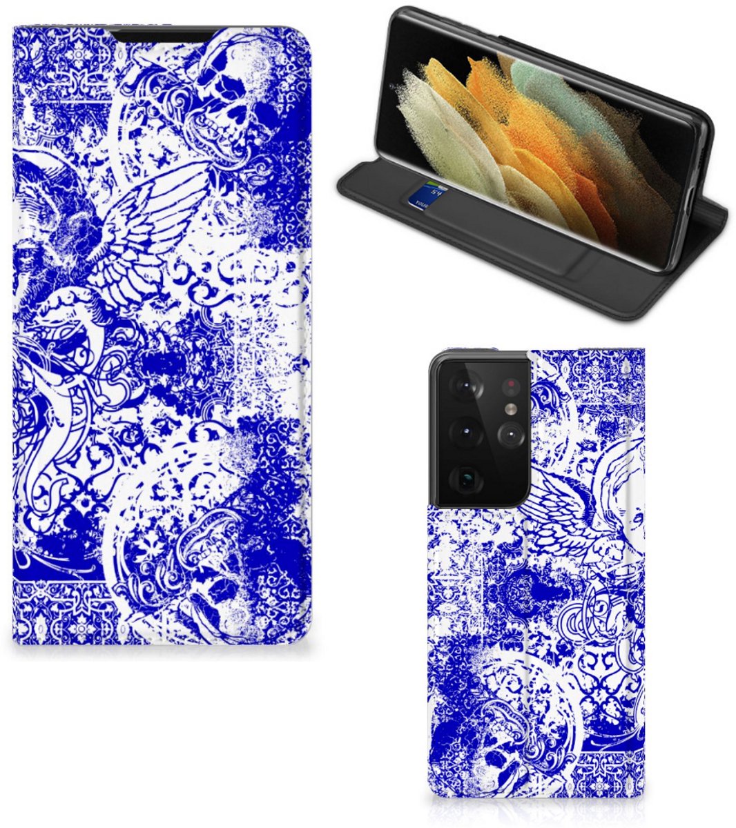 Mobiel BookCase Samsung Galaxy S21 Ultra Angel Skull Blauw