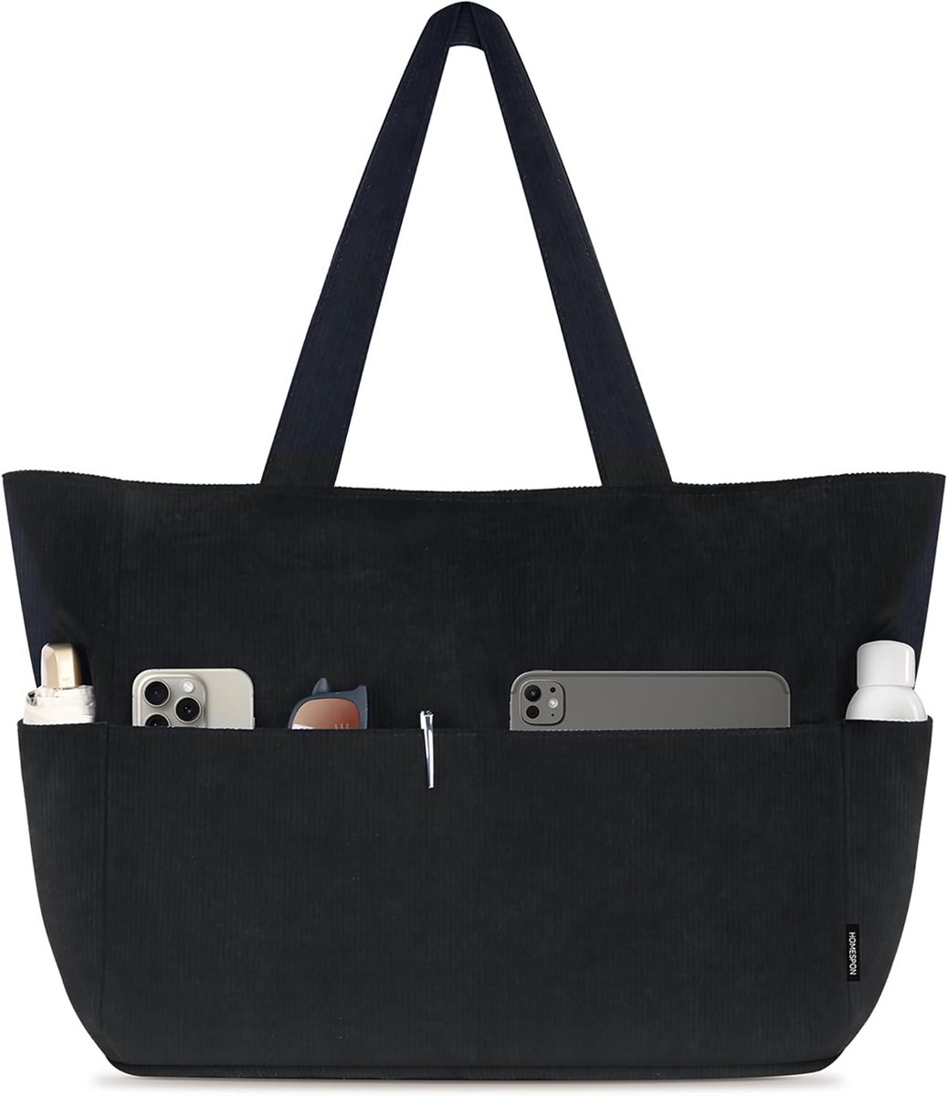 Draagtas voor Vrouwen - Corduroy Schoudertas met Rits, Perfect voor Werk, School, Winkelen, en Reizen - Zwart M