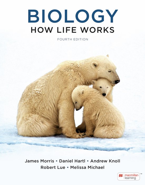 Boekomslag van "BIOLOGY HOW LIFE WORKS", vierde editie, met drie ijsberen op ijsschotsen.