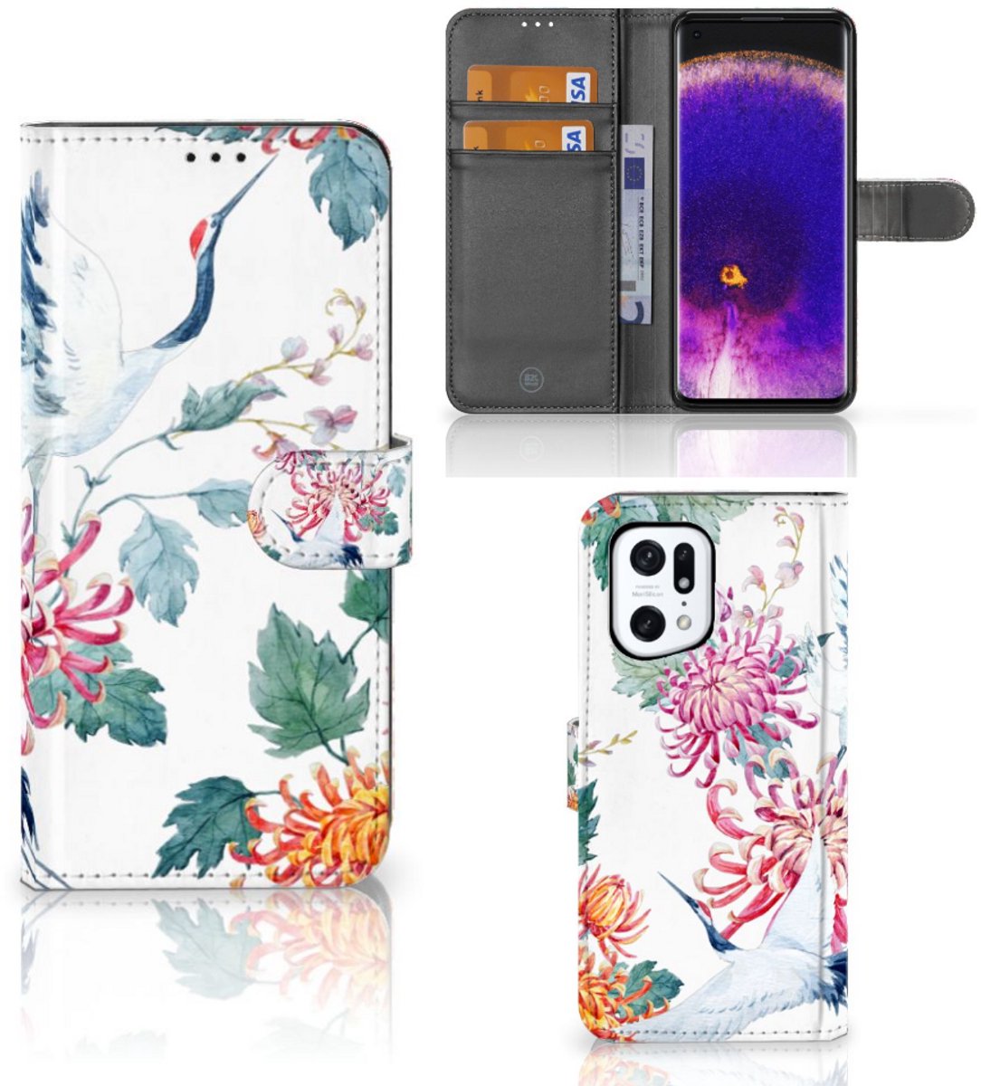 OPPO Find X5 Pro Telefoonhoesje met Pasjes Bird Flowers