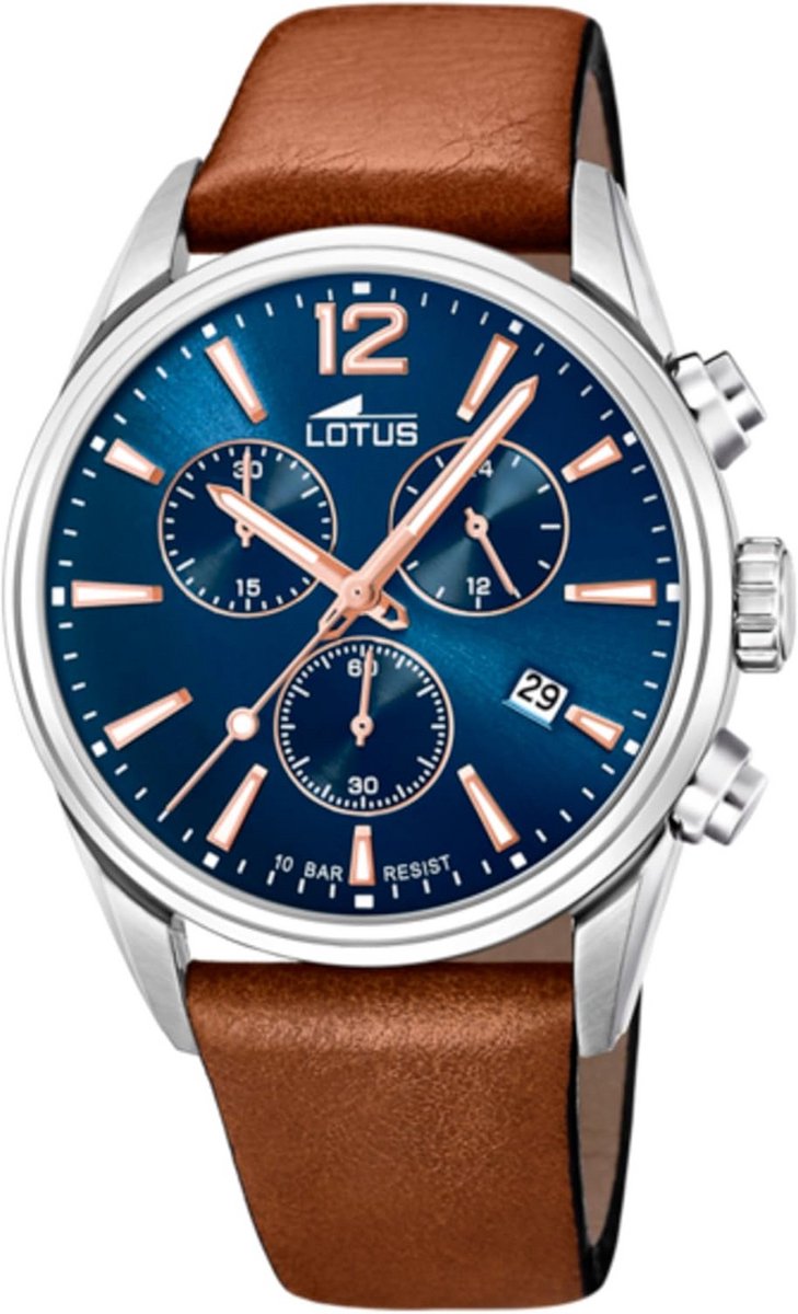 Heren Chronograaf Quartz Horloge met Leren Band, Zilver-Blauw, 42 mm