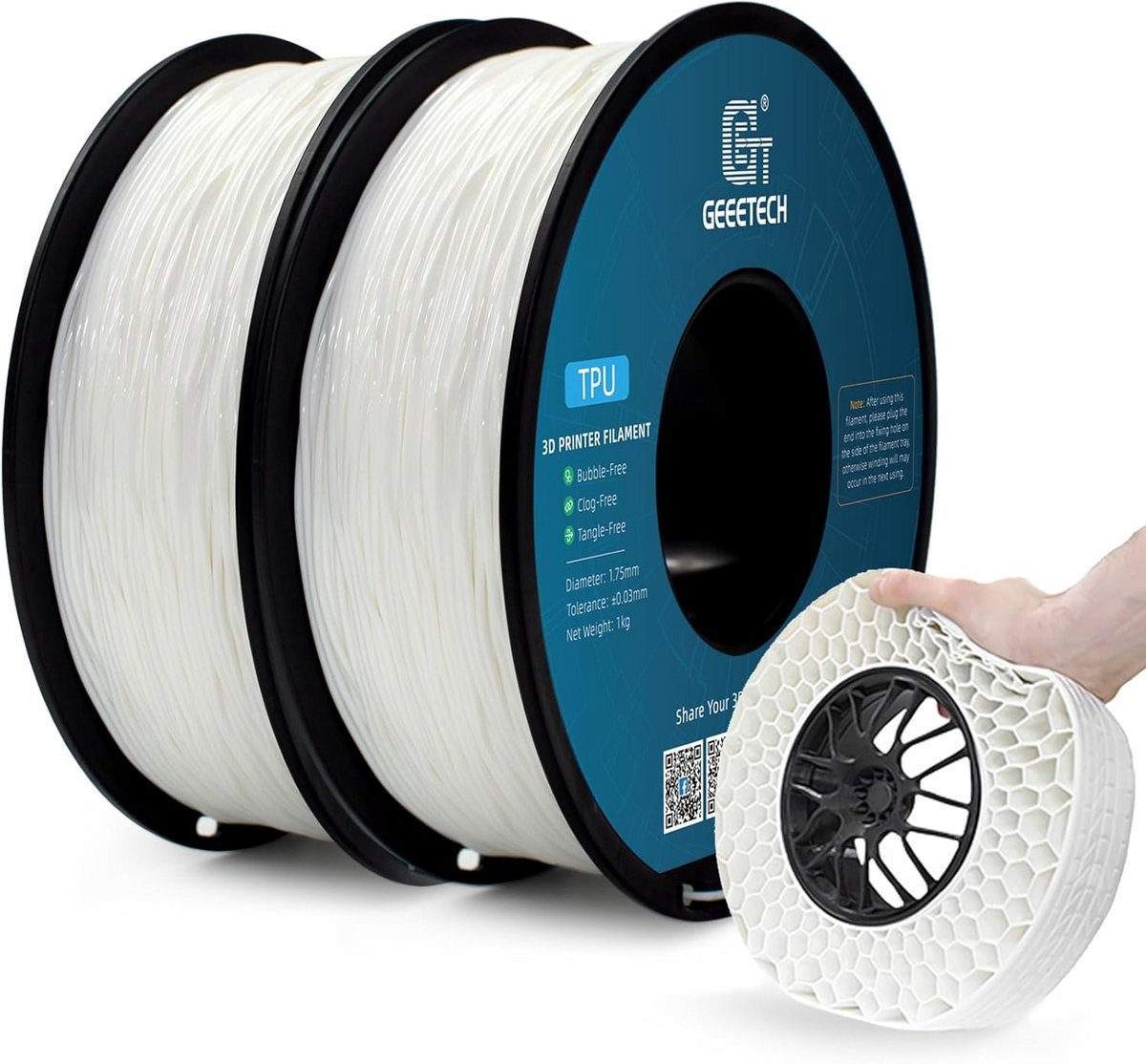 Witte TPU filament voor 3D-printer, 2 x 1 kg spoel