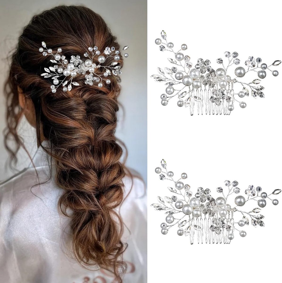 Set van 2 zilveren haarclips met bloemenkam en kristallen voor bruiloften