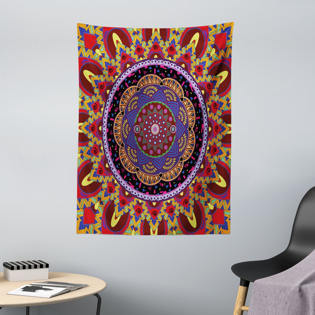 ABAKUHAUS Mandala Wandtapijt, Vintage Bruiloftsstijl, 110 x 150 cm, Kastanjebruin en Rood