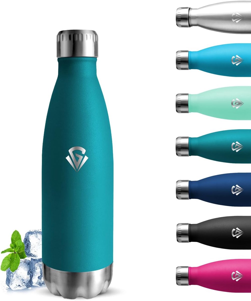 Roestvrijstalen Waterfles 500 Ml - BPA-Vrij, Lekvrij, Houdt Dranken 24 Uur Koud en 12 Uur Warm - Perfect voor School, Reizen, Kamperen en Kantoor - Donkergroen