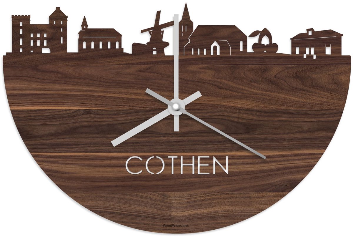 Skyline Klok Cothen Notenhout - Ø 40 cm - Stil uurwerk - Wanddecoratie - Meer steden beschikbaar - Woonkamer idee - Woondecoratie - City Art - Steden kunst - Cadeau voor hem - Cadeau voor haar - Jubileum - Trouwerij - Housewarming - WoodWideCities
