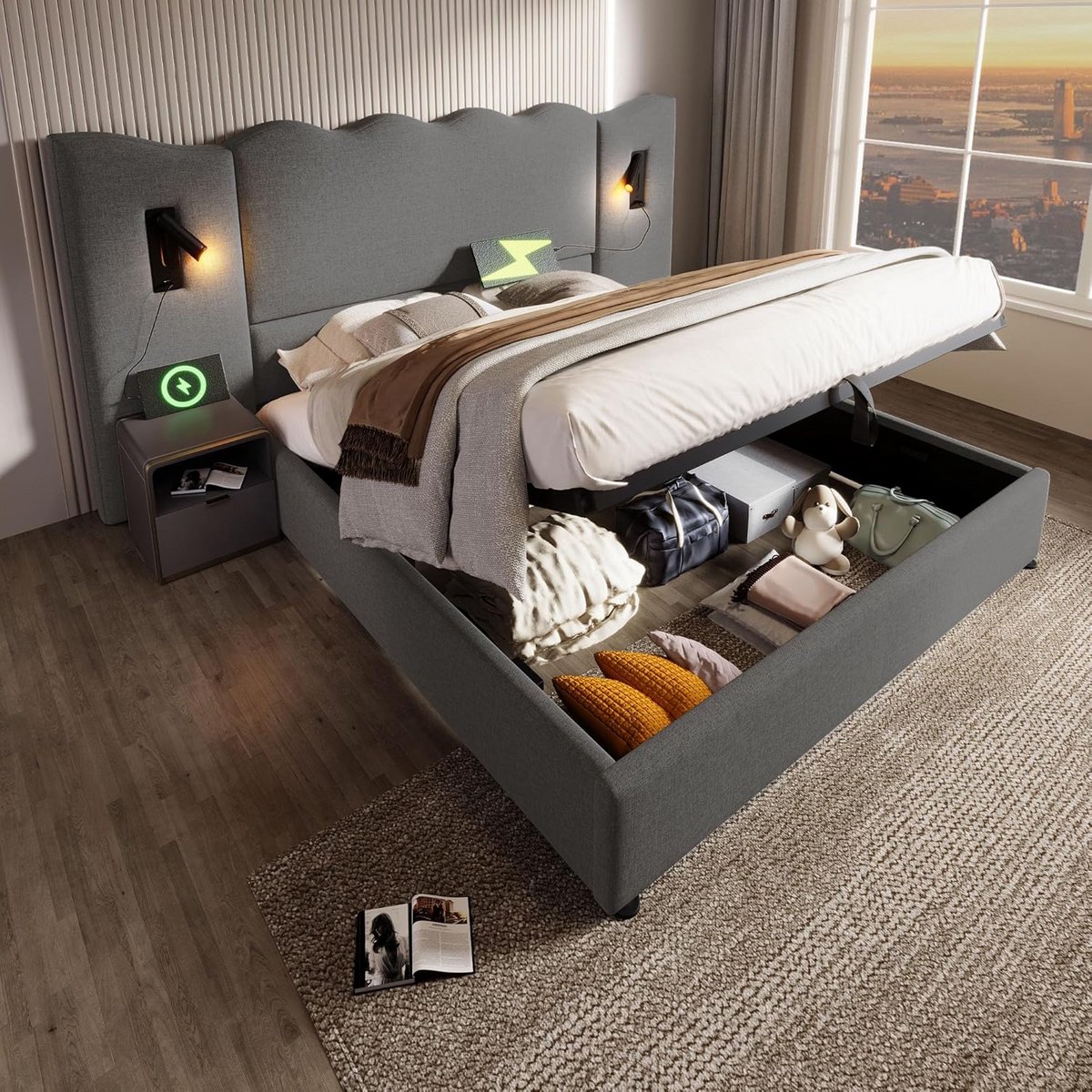Boxspringbed 180x200 met Opbergruimte en Verlichte Hoofdeinde - Gestoffeerd Dubbel Bed in 