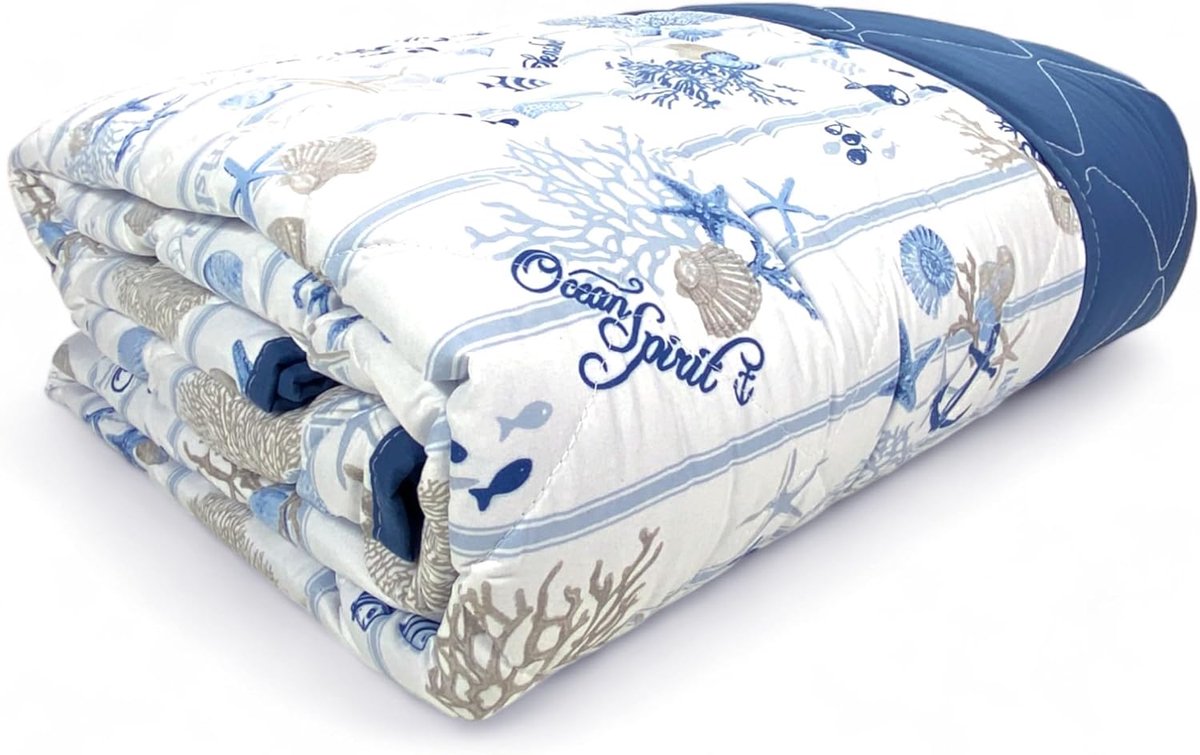 Gewatteerde Sprei Eenpersoonsbed Maritiem Design Koraal Zee Sterren Blauw