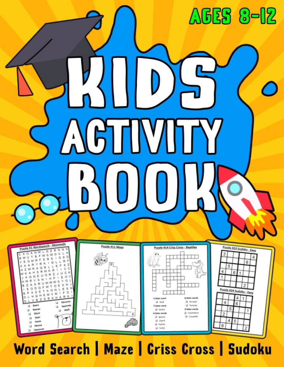 Activiteiten Puzzelboek voor Kinderen van 8-12 Jaar: Zoekwoorden, Labyrinten, Kruiswoord en Sudoku met 46 Thema's