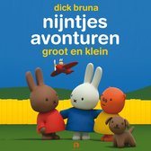 Nijntje en vriendjes staan buiten met een vliegtuigje. "dick bruna nijntjes avonturen groot en klein".