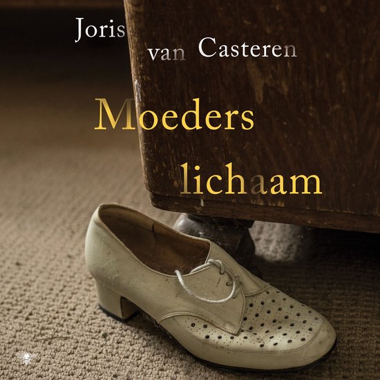 Een oude, beige damesschoen met veters en gaatjes ligt naast een houten meubel. De titel 'Moeders lichaam' is in grote letters zichtbaar.