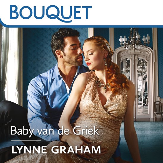 Een man met een donkere baard omhelst een zwangere vrouw met rood haar. Ze draagt een glinsterende jurk. "Baby van de Griek" door Lynne Graham.