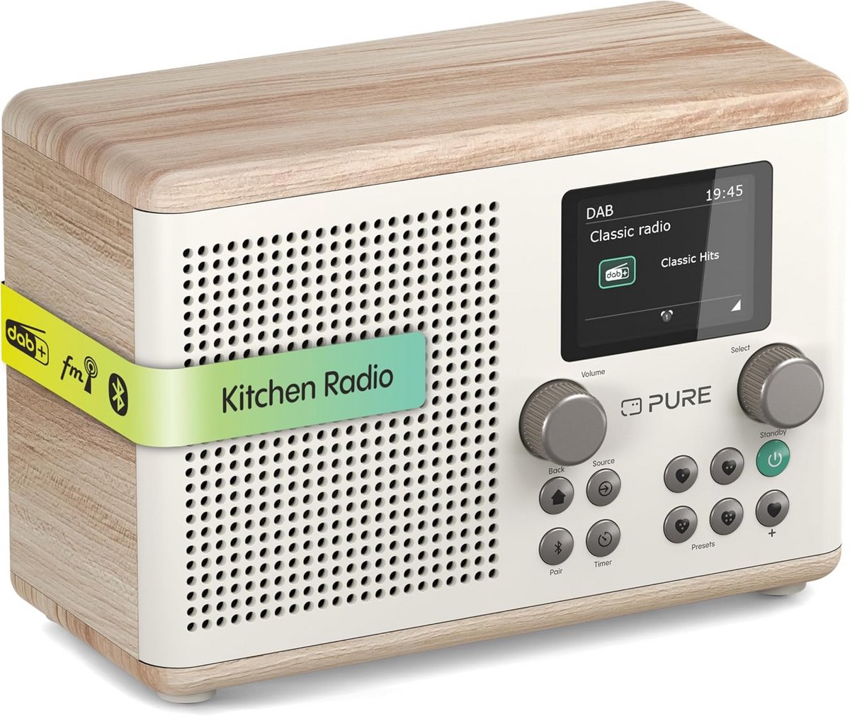 Digitale Keukenradio met DAB+, FM, Bluetooth en Keukentimer – Wit Katoen/Eiken