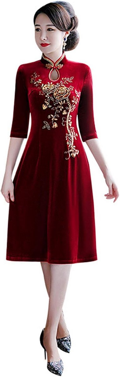 Fluwelen Qipao jurk voor avondkleding - Traditionele Chinese geborduurde Cheongsam