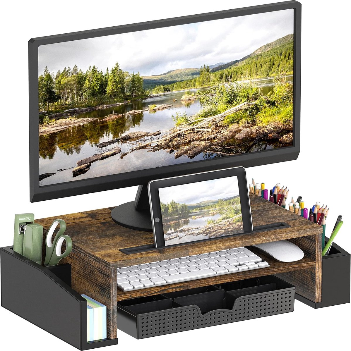 Monitor Stand Riser met Organizer Tray - Verstelbaar en Rustiek Bruin