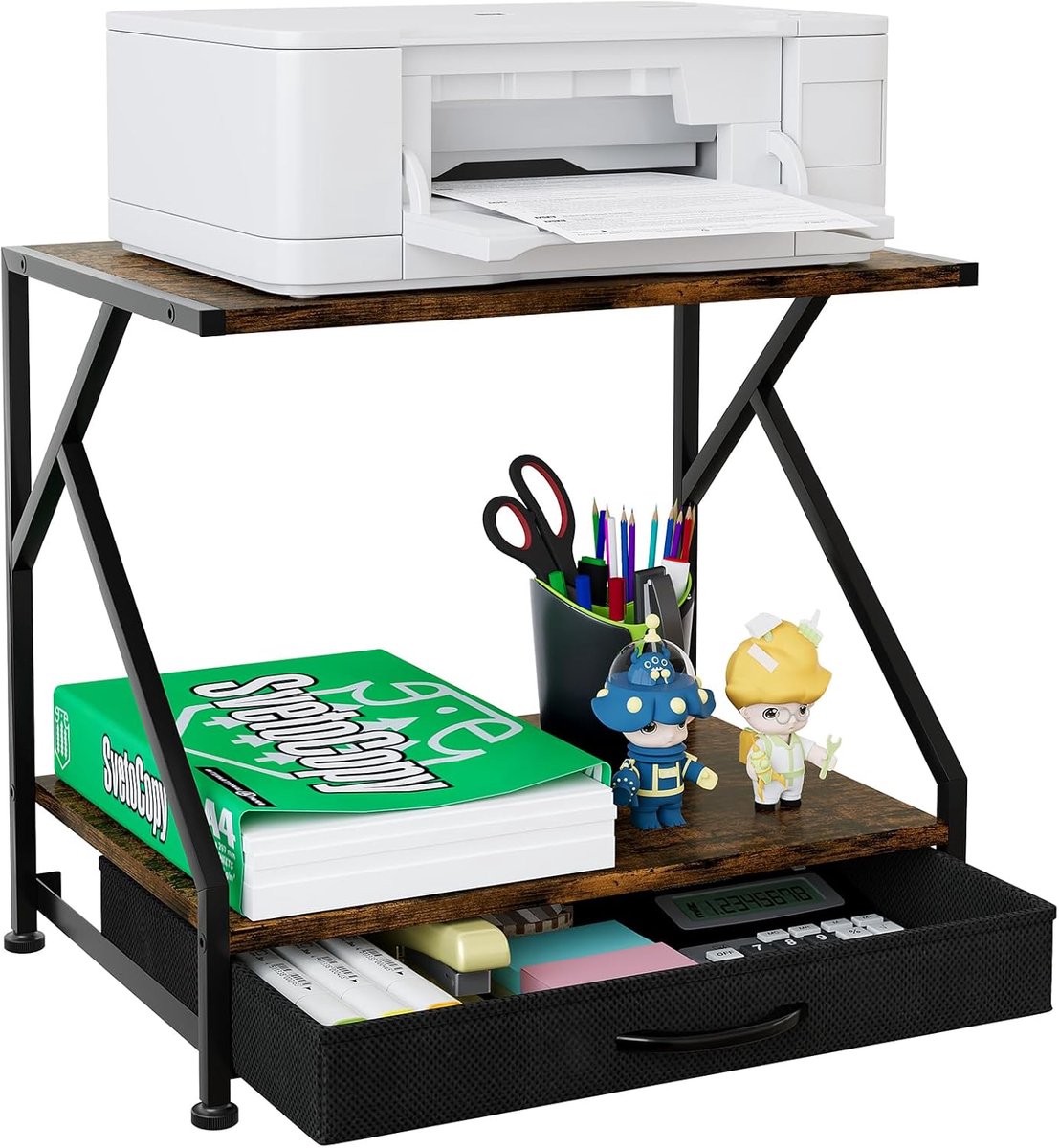 Metaal houten bureauprinterstandaard met 2 niveaus, kantooropslag planken, printer- en faxtray, bureau-organizer voor thuis