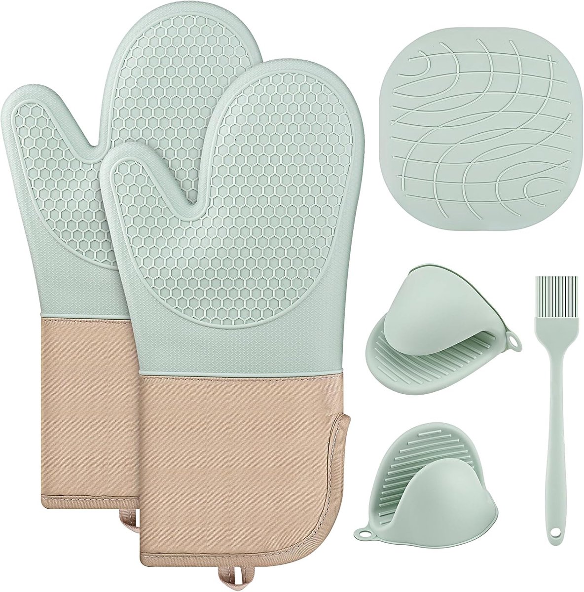 Set van 6 ovenwanten, siliconen handschoenen en hittebestendige matten, hittebestendige keukenhandschoenen, antislip, kookhandschoenen, geschikt voor bakken, patisserie en grillen (groen).