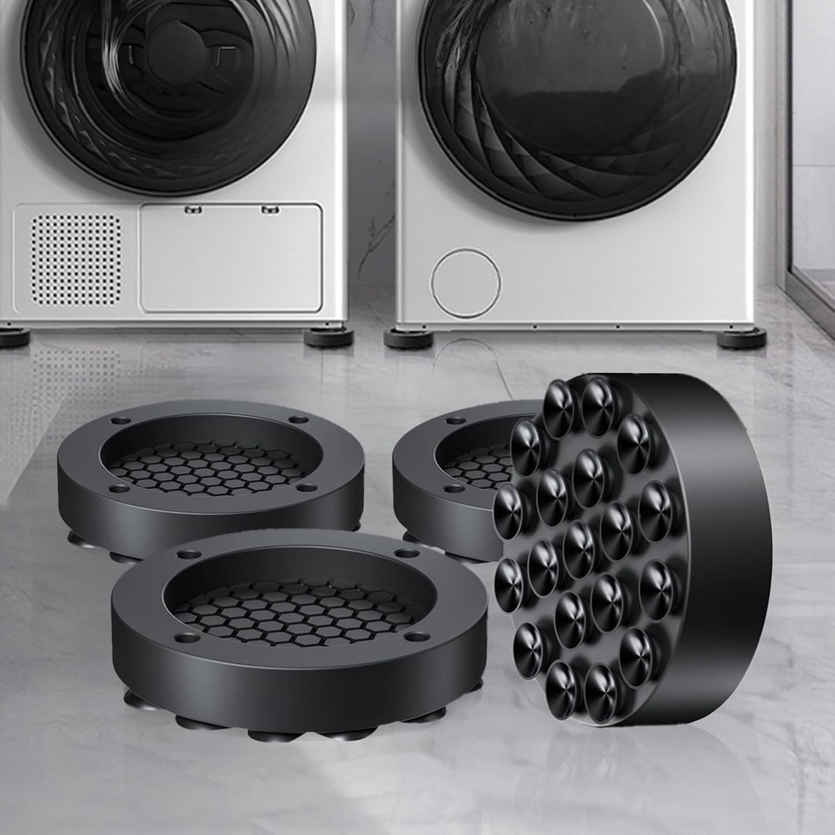 Vibratiepads Wasmachine en Droger Set - 4x Anti-Trilling Universele Onderzetters Zwart