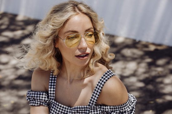 2128 Geel Lens Piloten Zonnebril | Aviator Zonnebril | Retro & Classic Bril | Festival , Rave Bril | Carnavalsbril | Dag/Nacht Zonnebril Dames & Heren | Bril zonder sterkte | Zilver koper montuur | Trendy Party & Outdoor Bril + brillen sleeve & doek — afbeelding 2
