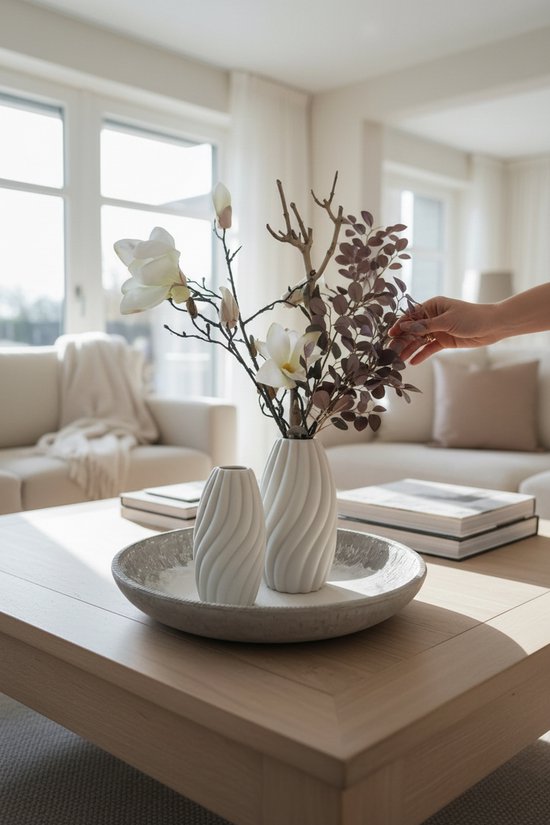 Cavoa Living Sculpturale Vaas Set (2 stuks) – Wit Keramiek – Sculpturaal Japandi 21 + 17 cm – Scandinavisch - Decoratie voor Droogbloemen