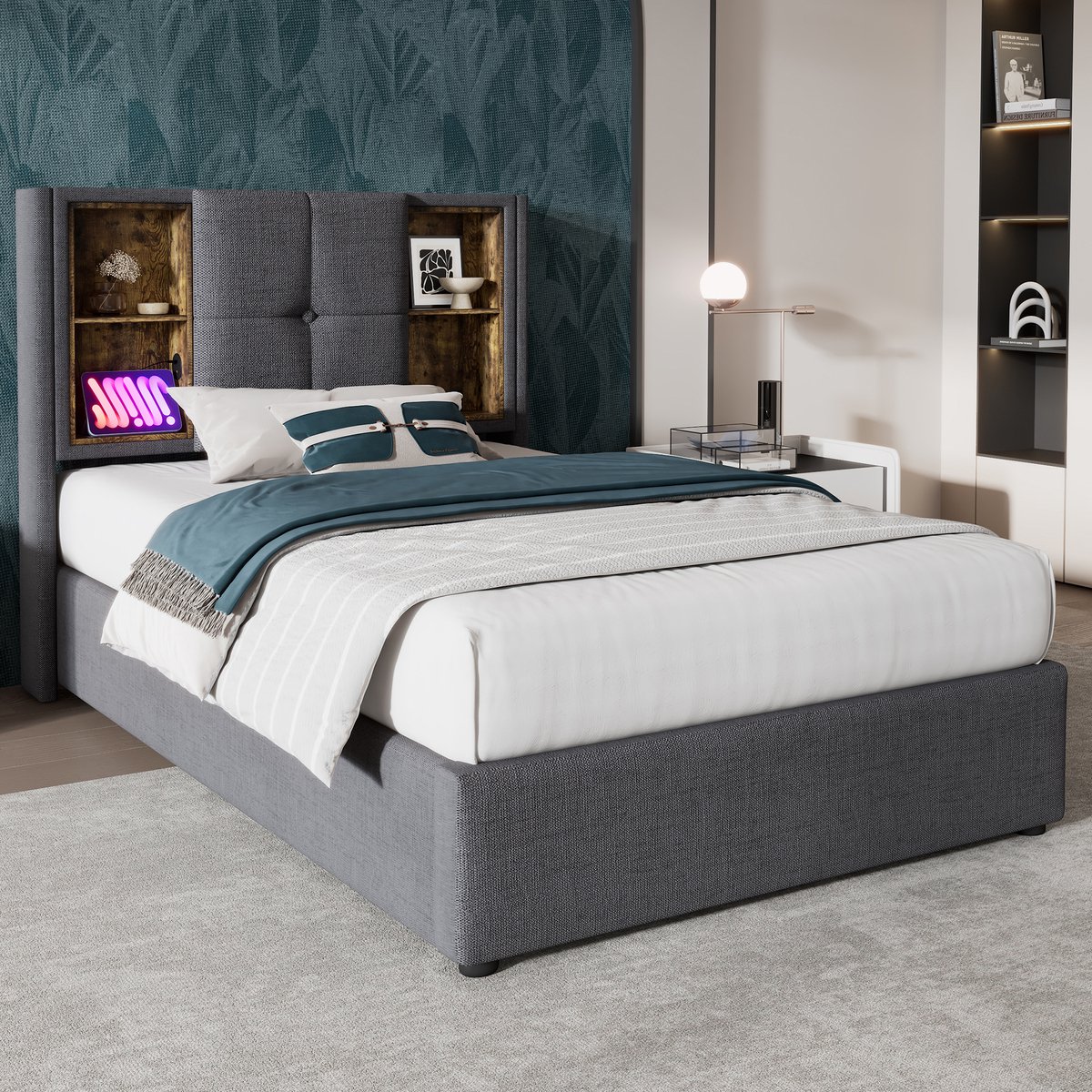 Gestoffeerd Eenpersoonsbed - 90x200 - Draadloos USB-C Laden + Opbergbed - Houten Lattenbodem - Katoen - Grijs