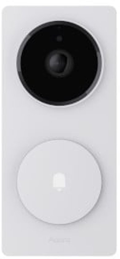Witte Aqara deurbelcamera met zwarte lens en ronde deurbelknop met bel-icoon.