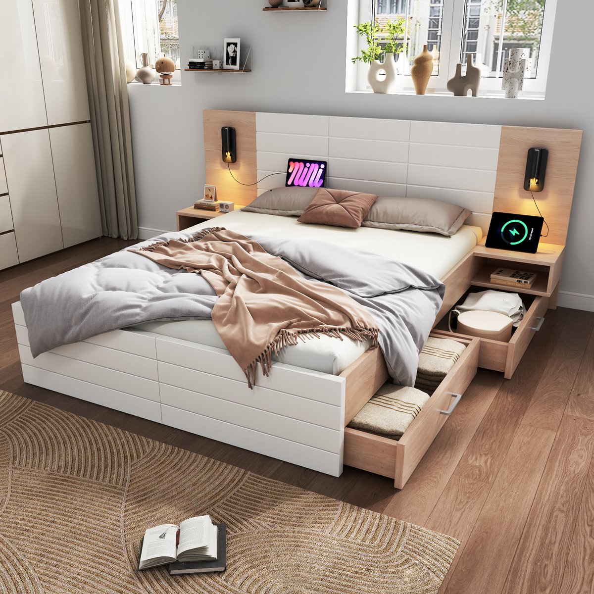 Wishdor Slim Tweepersoonsbed (160x200 cm) - Modern Bedframe met 2 Lades, USB & 360° Leesla