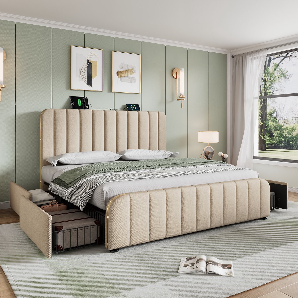 Wishdor Gestoffeerd Tweepersoonsbed 160x200 cm - Opbergbed met 4 lades - USB en Type-C laadstation - Beige linnen met gouden accenten - Inclusief lattenbodem - L 215 x B 168 x H 102 cm