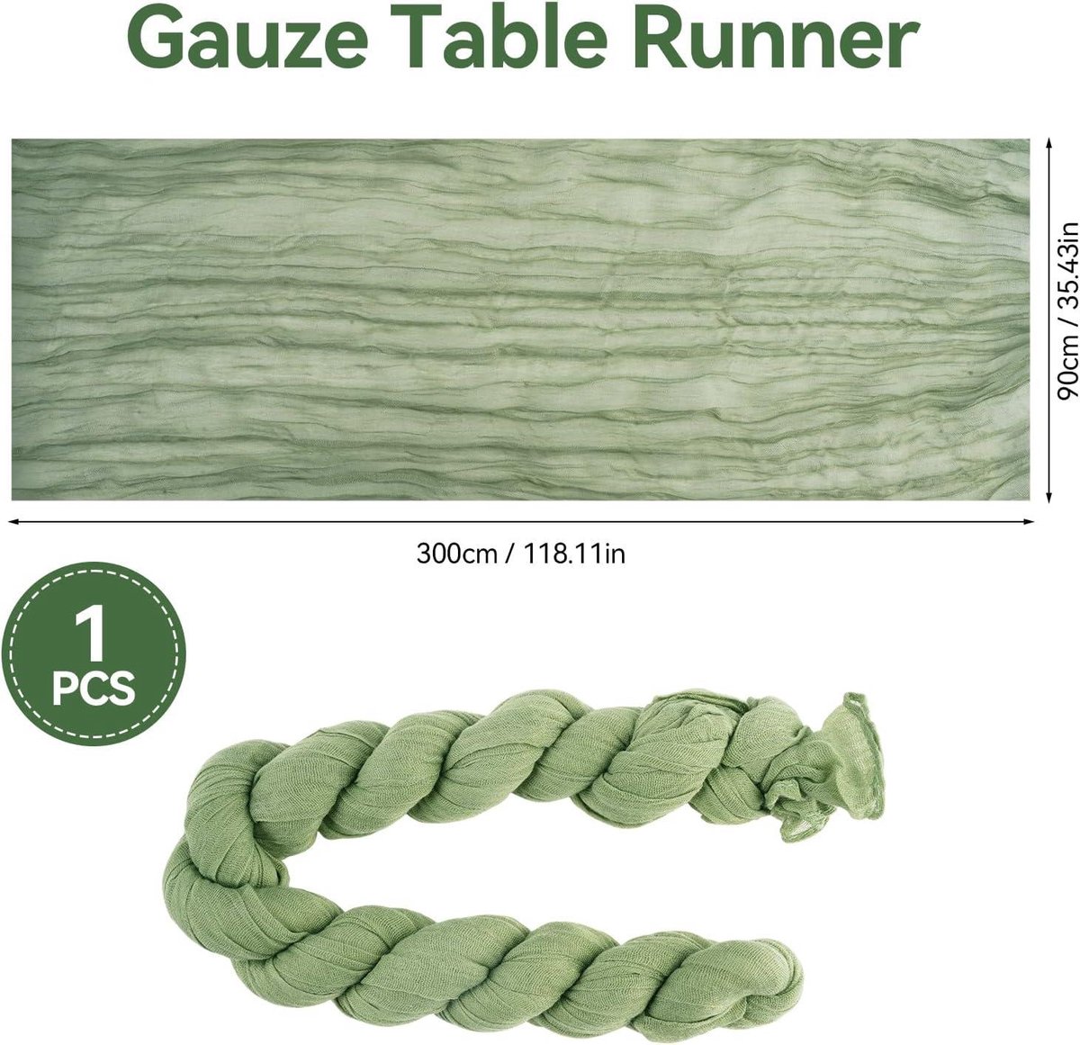 Tafelloper 90 x 300 cm Groen Boho-Gaas voor Bruiloft en Verjaardagsfeest