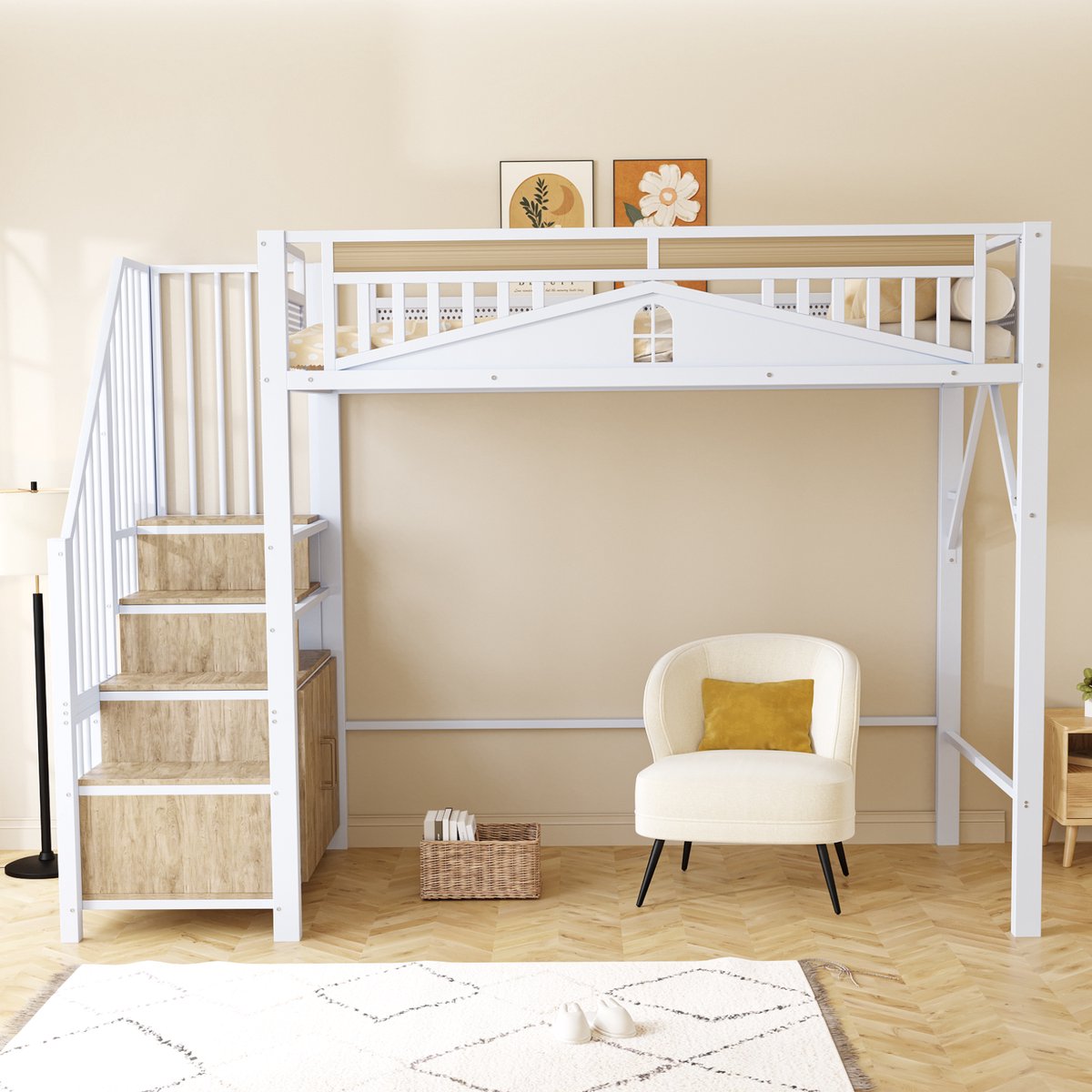 Wishdor Hoogslaper 90x200 cm – Met Opbergladder & Kastje – Veiligheidshek met Raamdesign – Strak & Compleet – Metaal & Hout – Wit
