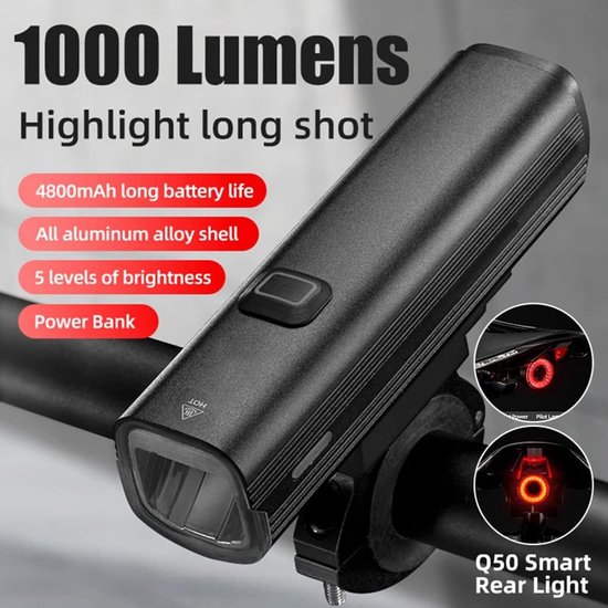 Fietslamp - Fietsverlichting - Fietslicht - 1000 Lumen - Fietskoplamp Met Powerbank - Usb-Oplaadfunctie - Voor Op Het Stuur, Mtb- En Racefietsverlichting — afbeelding 3