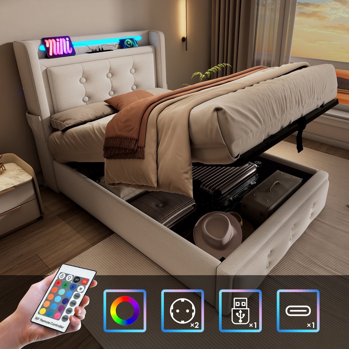 Gestoffeerd Tweepersoonsbed - 180x200 - LED Hoofdeinde + USB-C, Hydraulisch, Houten Lattenbodem + Metaal Frame - Beige Katoen - Max 300 kg - Zonder Matras