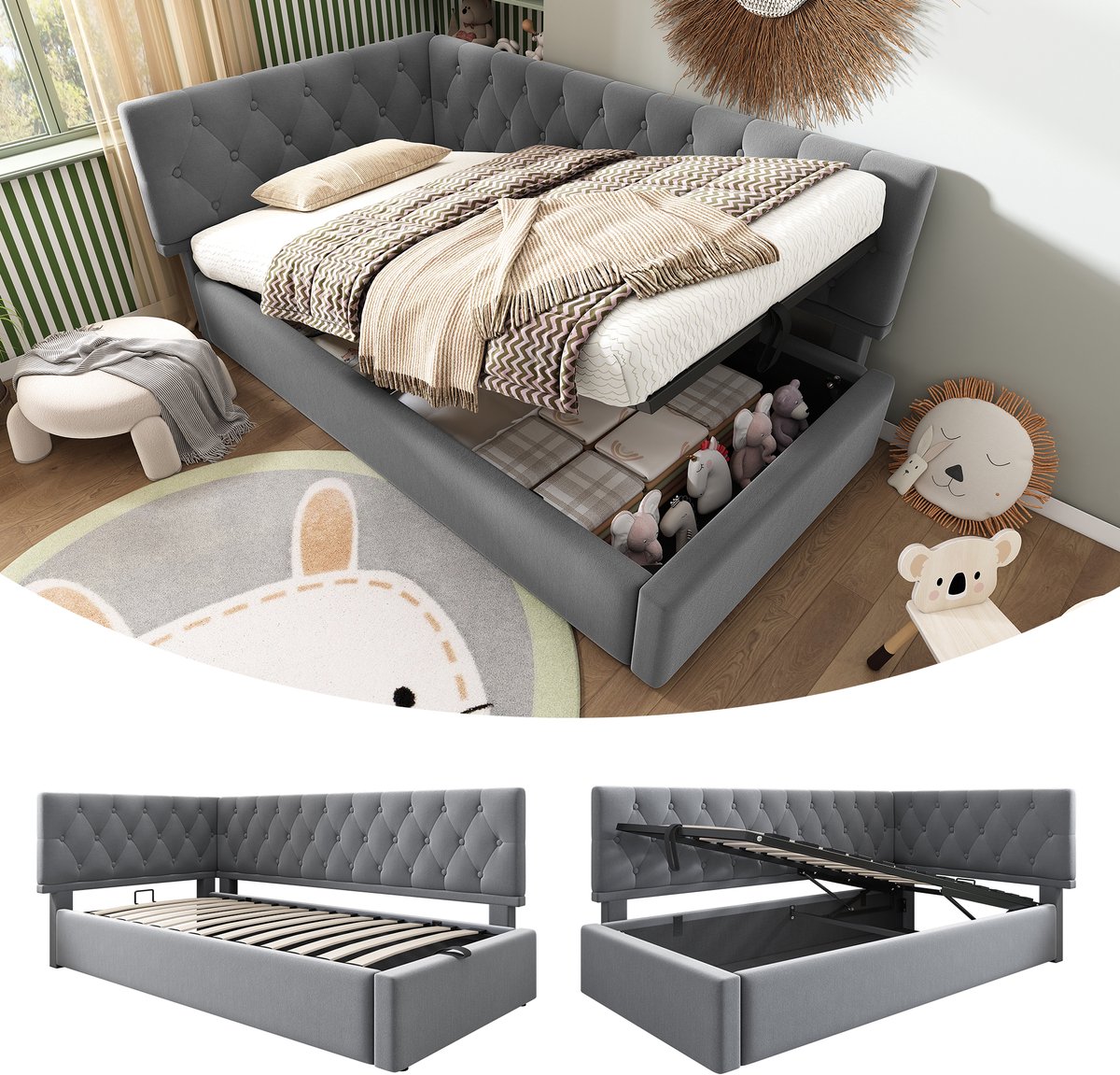 Gestoffeerd Dagbed - 90x200 - Hydraulisch Opbergbed - Kinder / Jeugd Bed - Houten Lattenbodem - Samt - Grijs