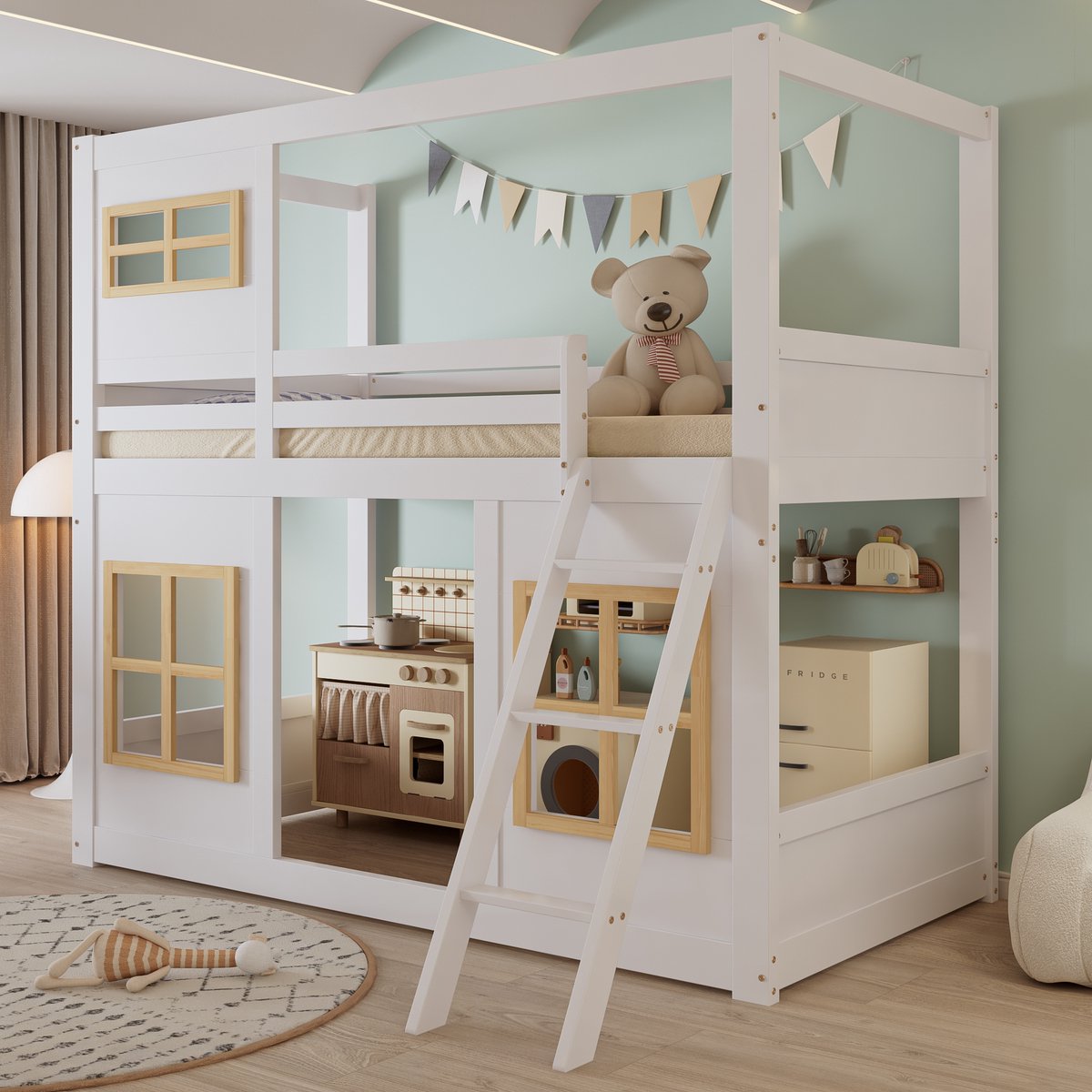Clruro Stapelbed - 90x200 - Met Ramen En Vierzijdige Omheining - Stevige Ladder - Grenenhout MDF - Wit en Naturel Wit+Natuurlijk