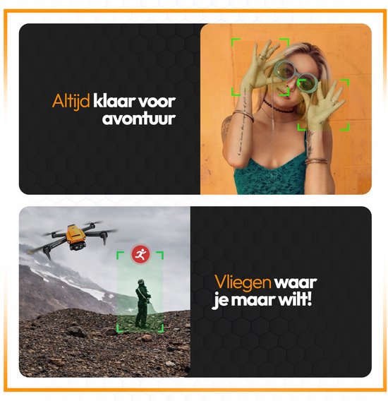 Oranje drone met camera die vliegt over een berglandschap. Een vrouw houdt cirkels voor haar ogen met een groen kader.