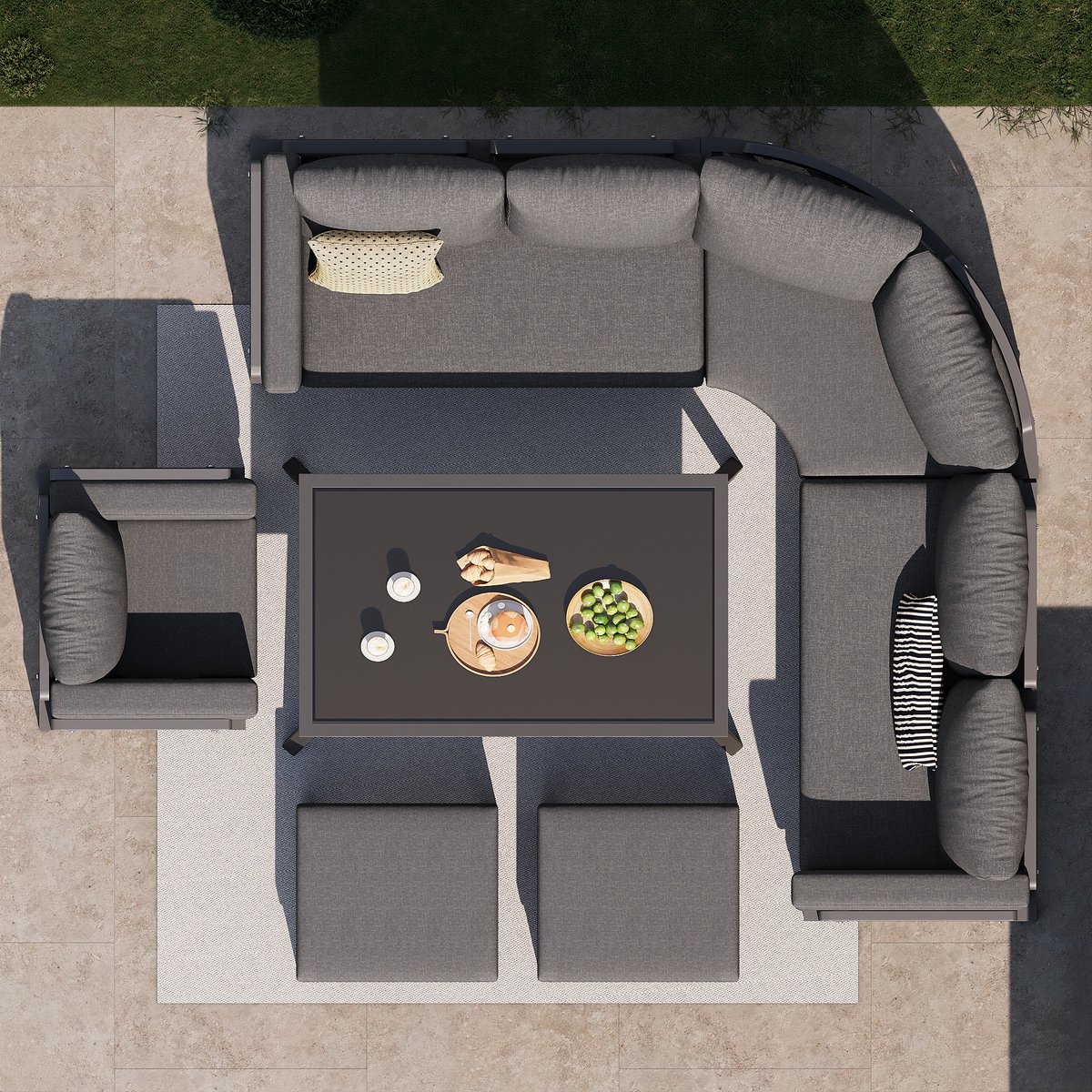 Halvemaanvormige tuinset voor 8 personen / Robuust ijzeren frame met grijze kussens / Compleet met glazen tafel, 1 fauteuil & 2 taboerets / Weerbestendige terrasmeubelen voor balkon