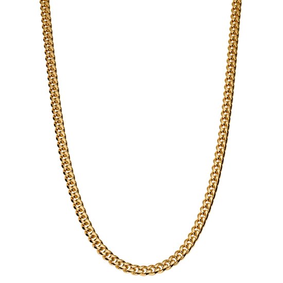 Gouden schakelketting aan weerszijden zichtbaar.
